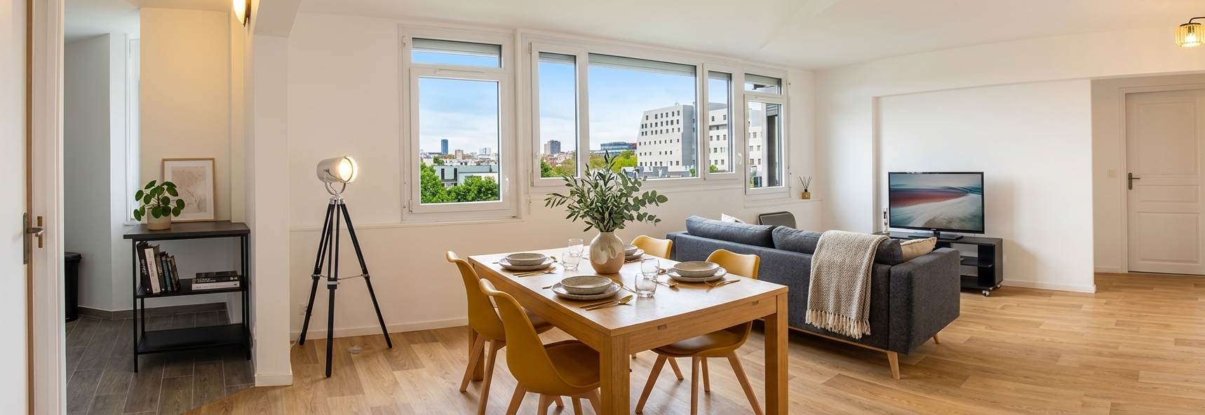 Séjour lumineux de l'appartement au dernier étage