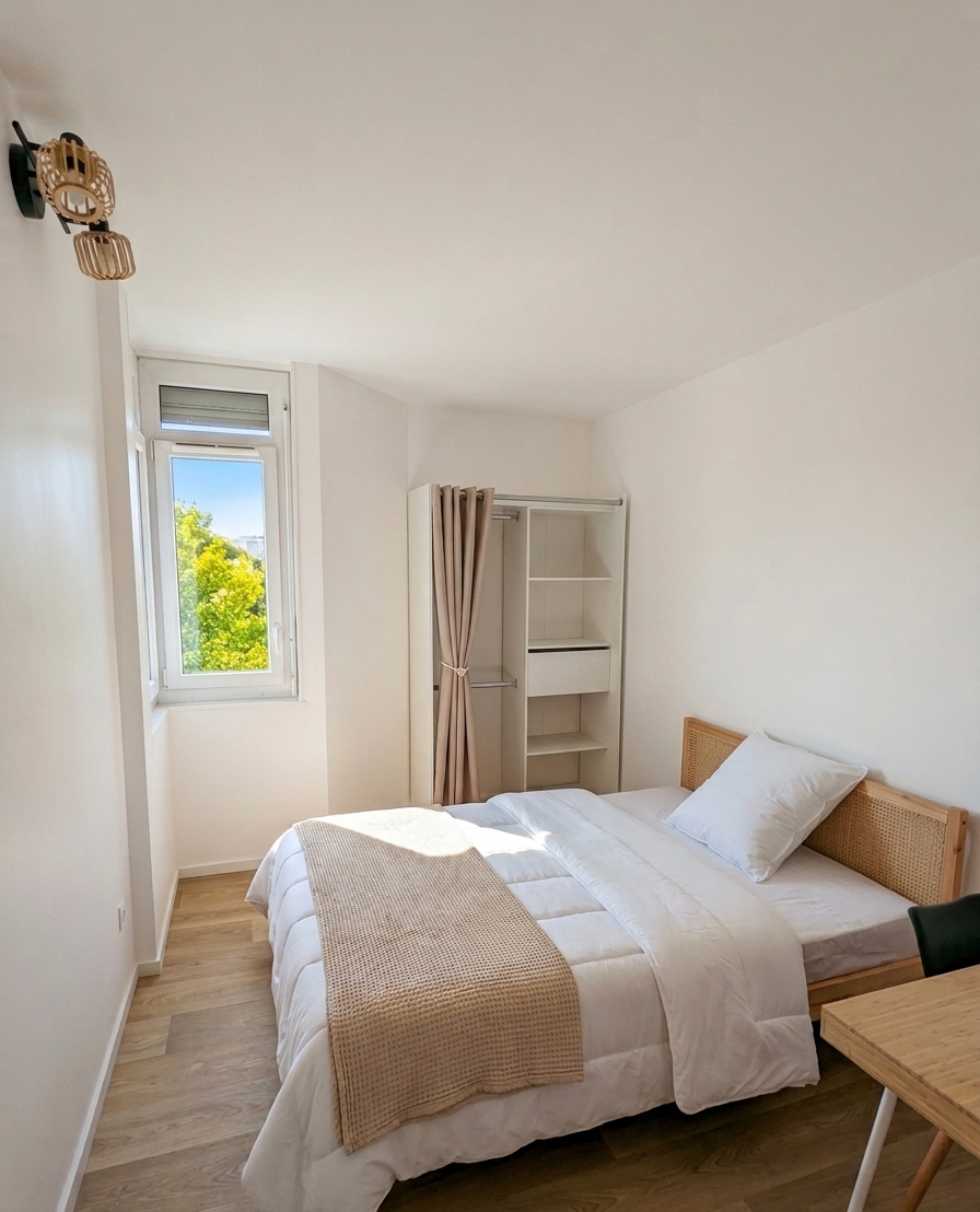 Chambre meublée avec lit double, bureau et rangements