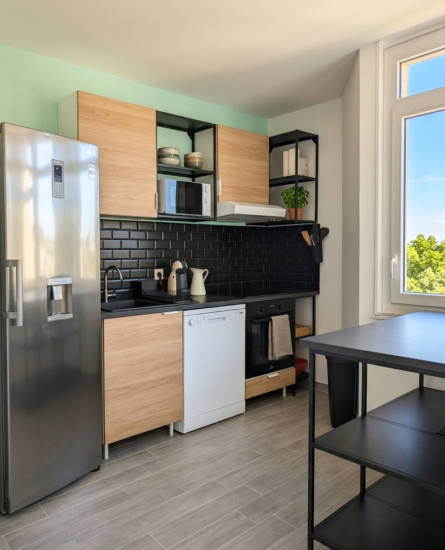 Cuisine aménagée avec four, plaques et rangements