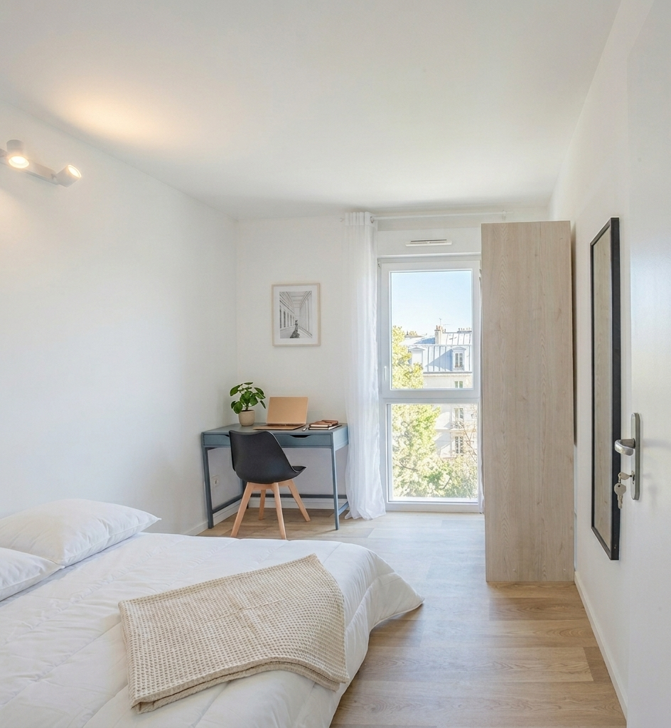 Chambre meublée avec lit double, bureau et rangements